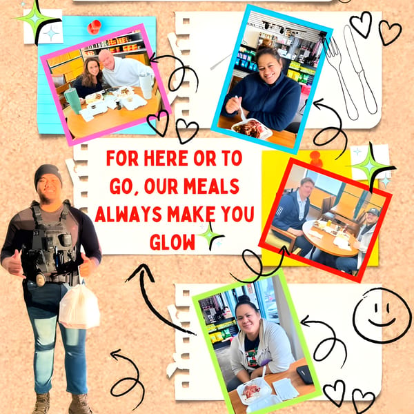 Collage of customers enjoying Polynesian meals, with text "FOR HERE OR TO GO, OUR MEALS ALWAYS MAKE YOU GLOW".