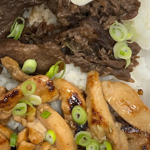 Close-up of Leilani's Polynesian Place's chicken and beef with rice, garnished with green onions.