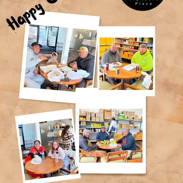 Collage of four photos showing diverse groups of people enjoying meals at tables inside Leilani's Polynesian Place.